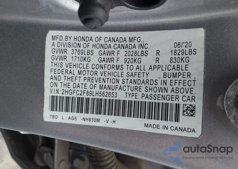 2020 Honda Civic Sport z USA, uszkodzony, nr VIN 2HGFC2F89LH562653